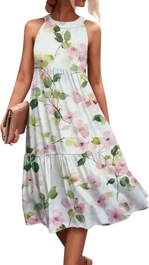 Women Sundresses 2025 Hanging Neck Sleeveless Splicing Summer Tank Dress Casual Flowy High Waist Dress