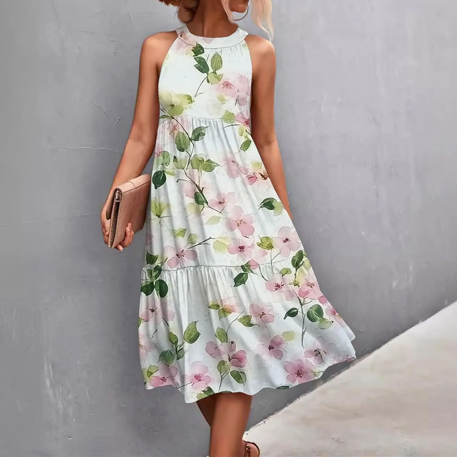 Women Sundresses 2025 Hanging Neck Sleeveless Splicing Summer Tank Dress Casual Flowy High Waist Dress