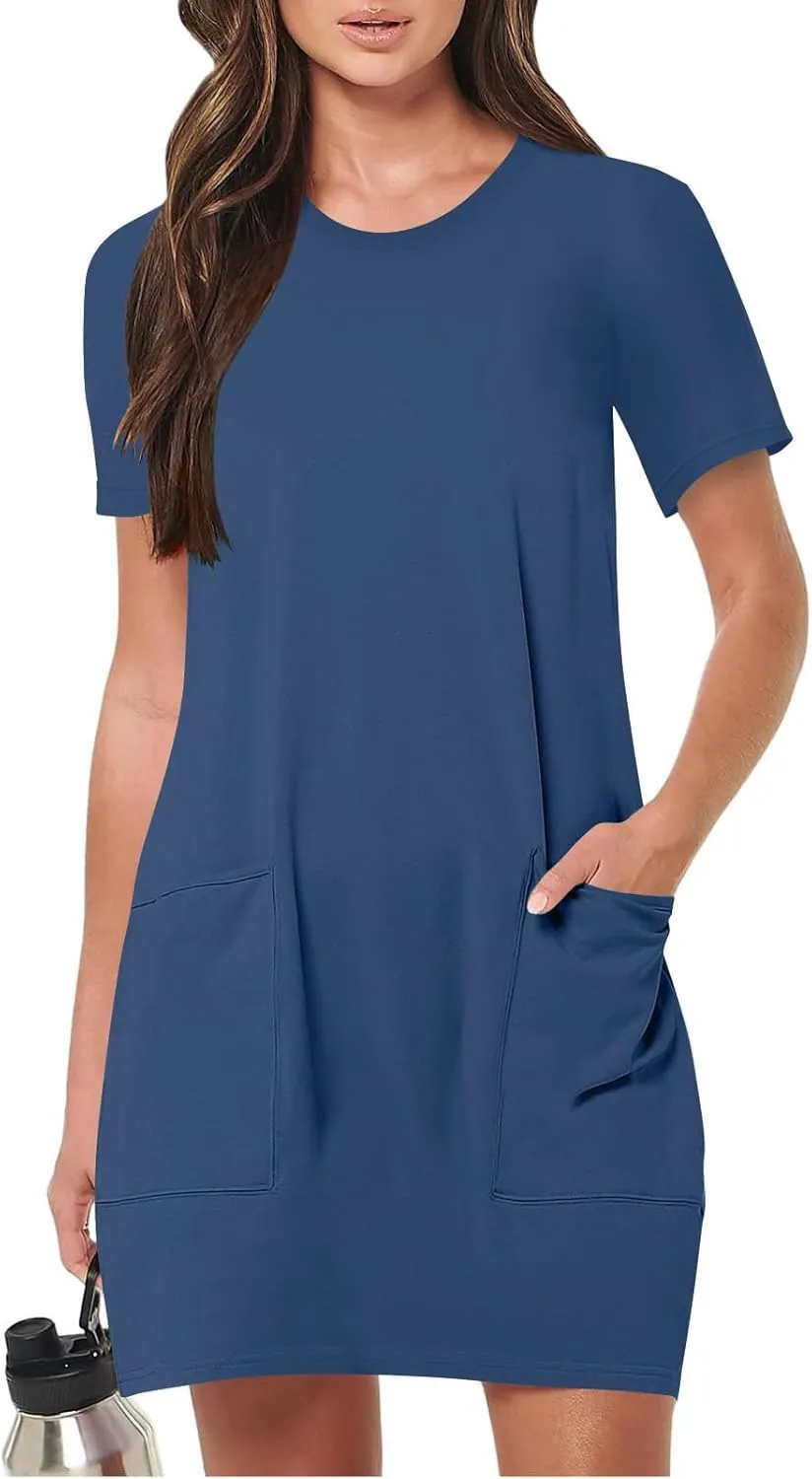 Women T-Shirt Dress Summer Short Sleeve Round Neck Athletic Dresses Solid Color Casual Loose Mini Dress with Pockets