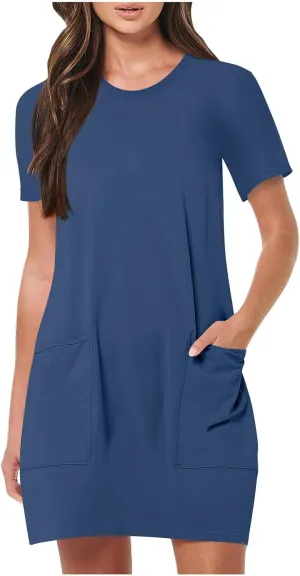 Women T-Shirt Dress Summer Short Sleeve Round Neck Athletic Dresses Solid Color Casual Loose Mini Dress with Pockets