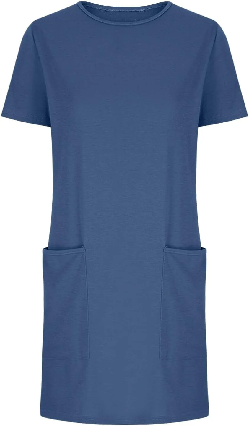 Women T-Shirt Dress Summer Short Sleeve Round Neck Athletic Dresses Solid Color Casual Loose Mini Dress with Pockets