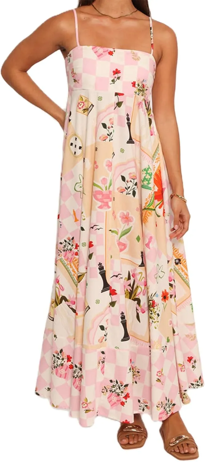 Women Y2K Summer Flowy Swing Dresses Fairycore Spaghetti Strap Smocked Maxi Dress Casual Boho Beach Sundresses