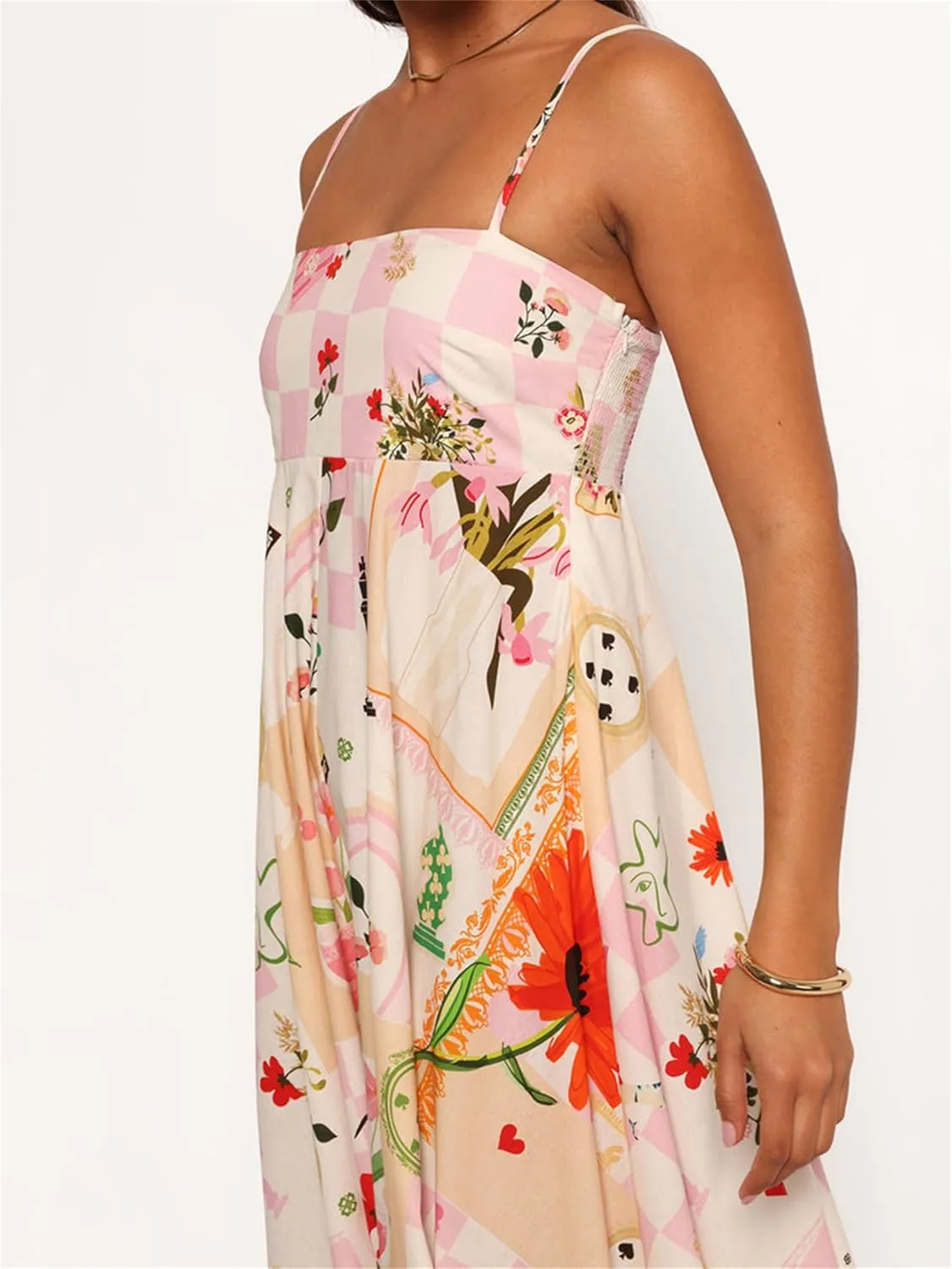 Women Y2K Summer Flowy Swing Dresses Fairycore Spaghetti Strap Smocked Maxi Dress Casual Boho Beach Sundresses