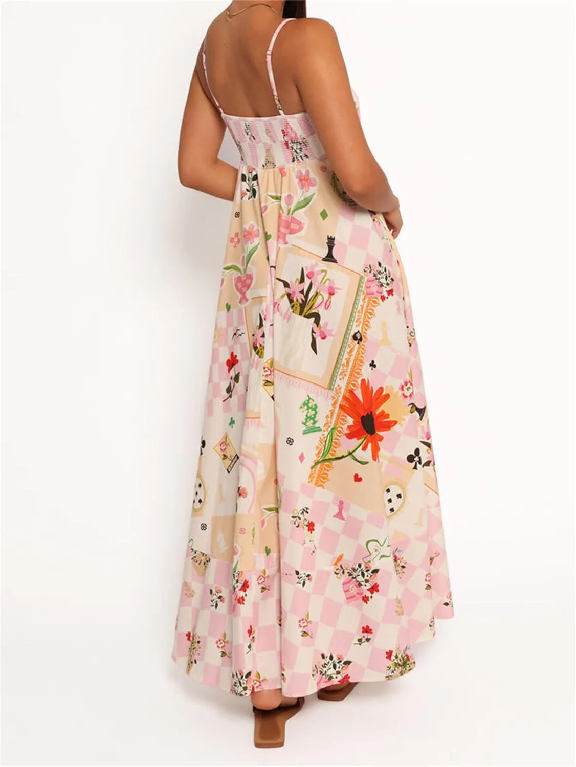 Women Y2K Summer Flowy Swing Dresses Fairycore Spaghetti Strap Smocked Maxi Dress Casual Boho Beach Sundresses