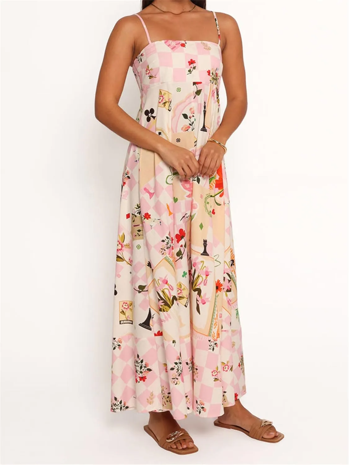 Women Y2K Summer Flowy Swing Dresses Fairycore Spaghetti Strap Smocked Maxi Dress Casual Boho Beach Sundresses
