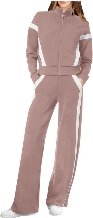 Women's 2 Piece Athleisure Set, Half High Neck Zip Jacket, Wide Leg Elastic High Waisted Pockets Pants Jogging Outfit