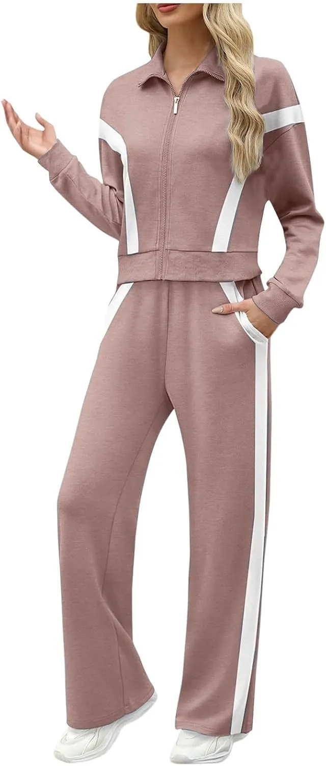 Women's 2 Piece Athleisure Set, Half High Neck Zip Jacket, Wide Leg Elastic High Waisted Pockets Pants Jogging Outfit
