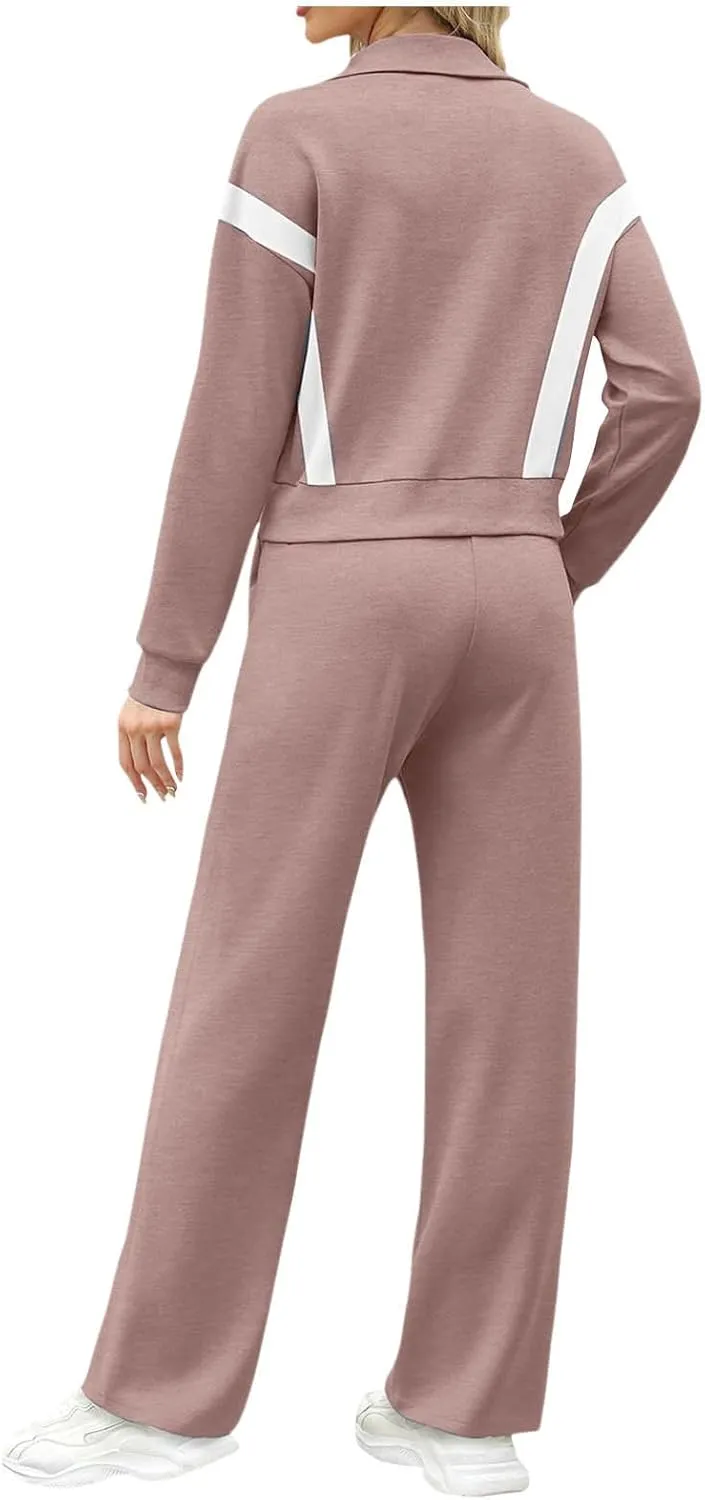 Women's 2 Piece Athleisure Set, Half High Neck Zip Jacket, Wide Leg Elastic High Waisted Pockets Pants Jogging Outfit