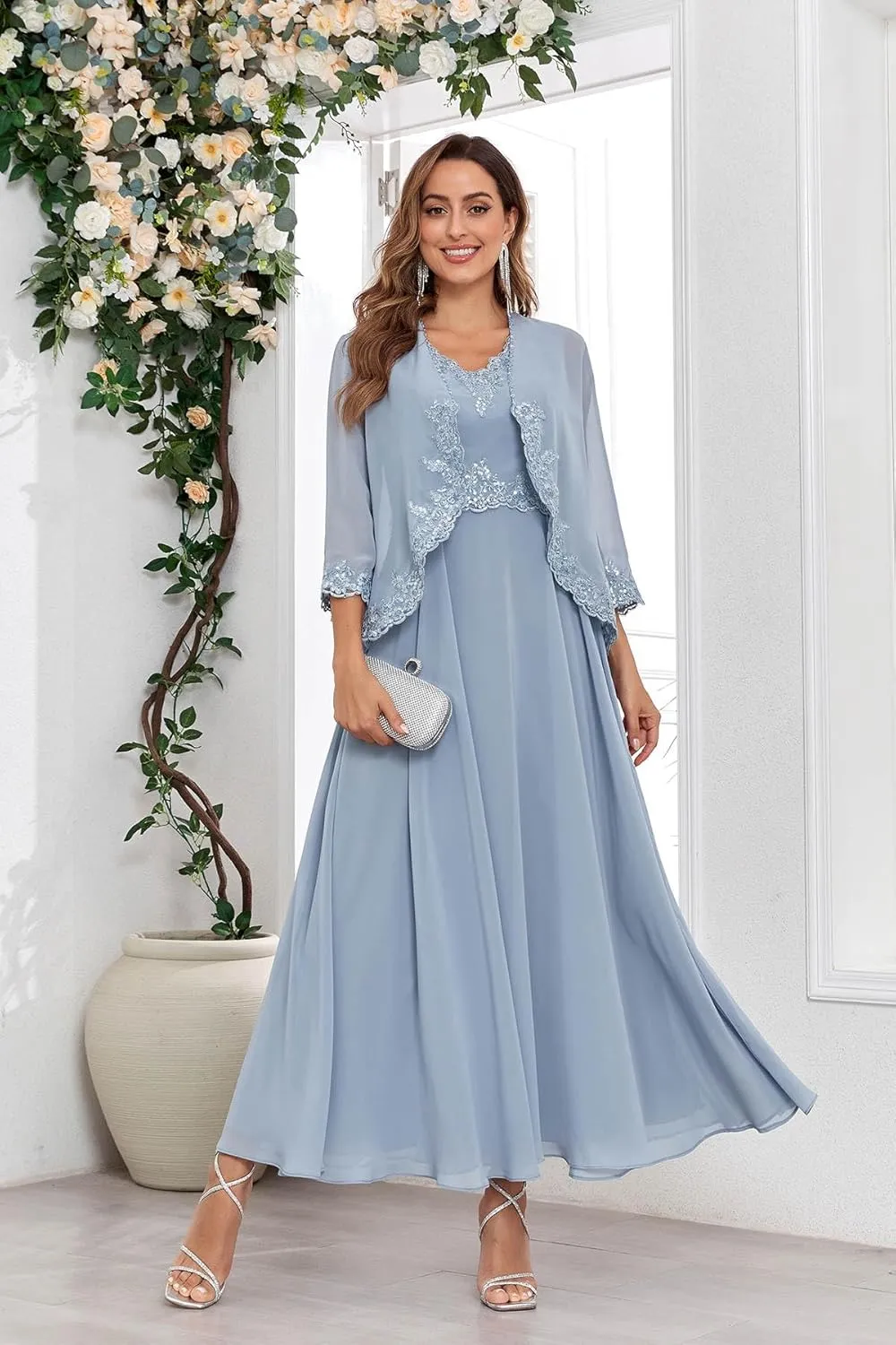 Women's 2 Pieces Lace Mother of The Bride Dresses with Jacket Chiffon Sequin Formal Evening Wedding Guest Dress