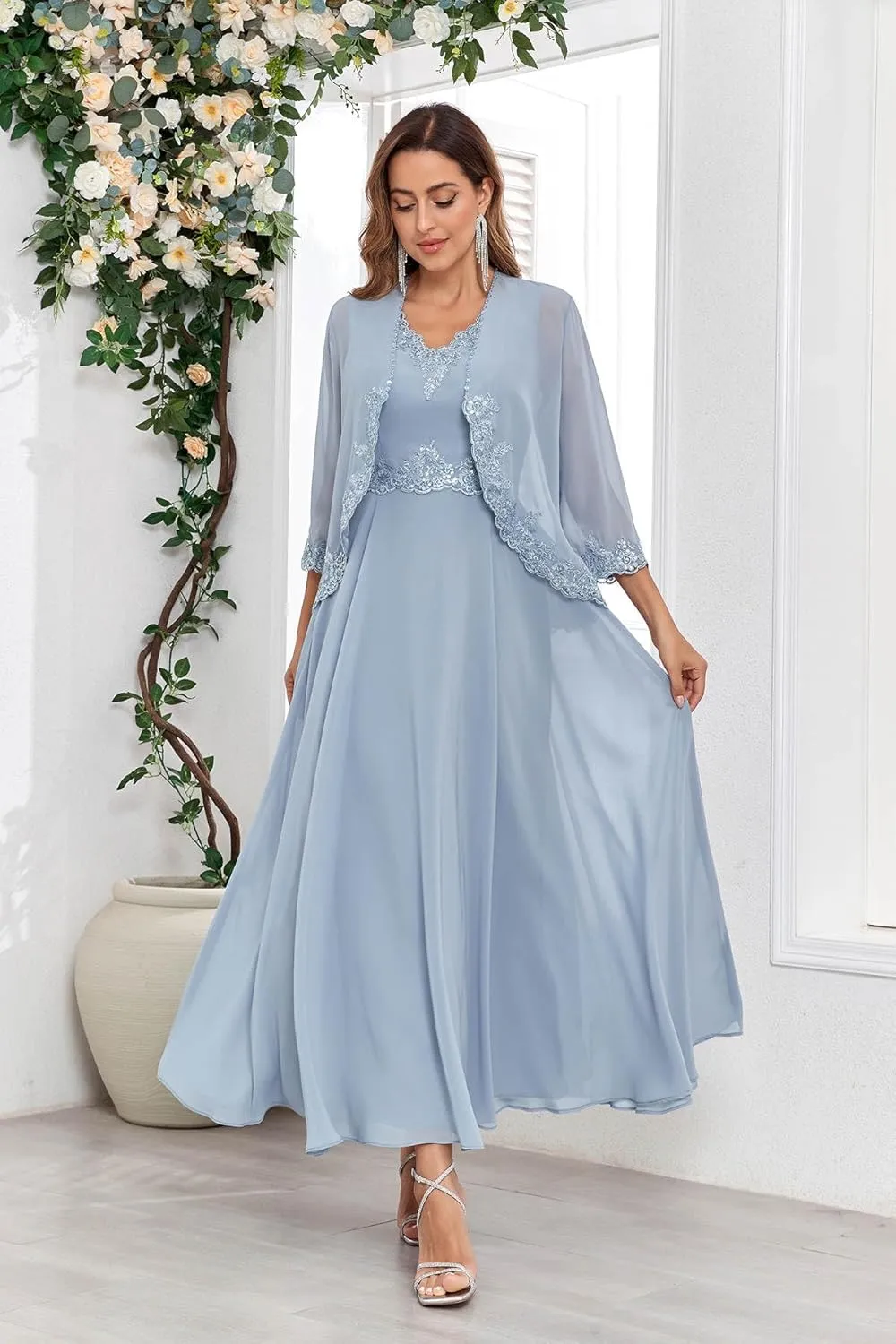 Women's 2 Pieces Lace Mother of The Bride Dresses with Jacket Chiffon Sequin Formal Evening Wedding Guest Dress
