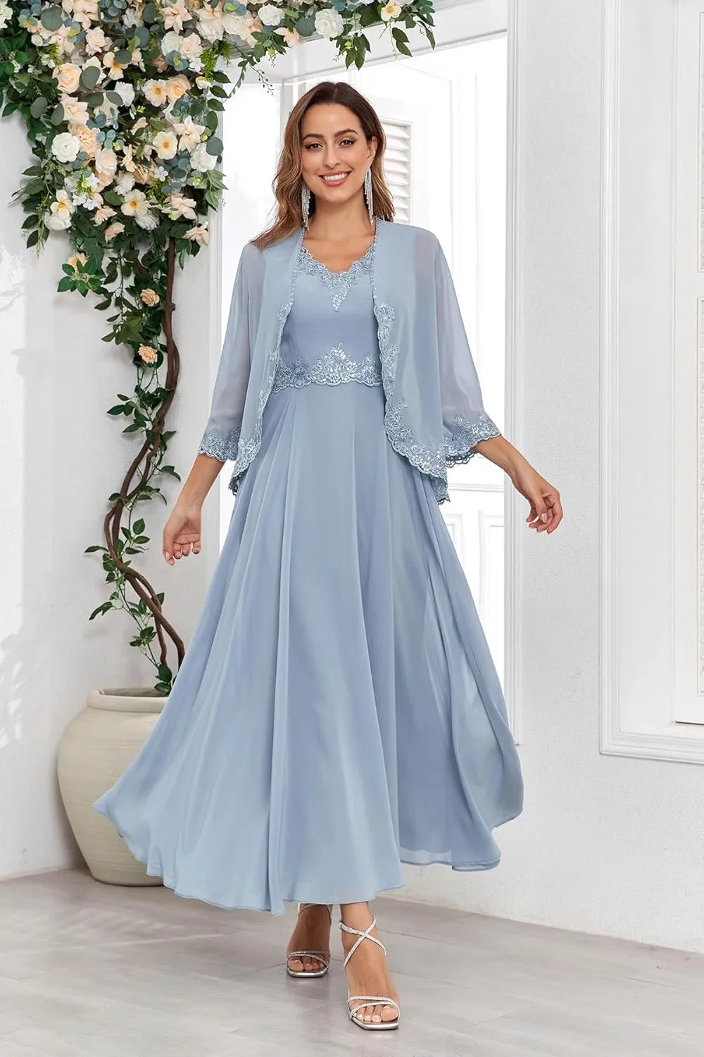Women's 2 Pieces Lace Mother of The Bride Dresses with Jacket Chiffon Sequin Formal Evening Wedding Guest Dress