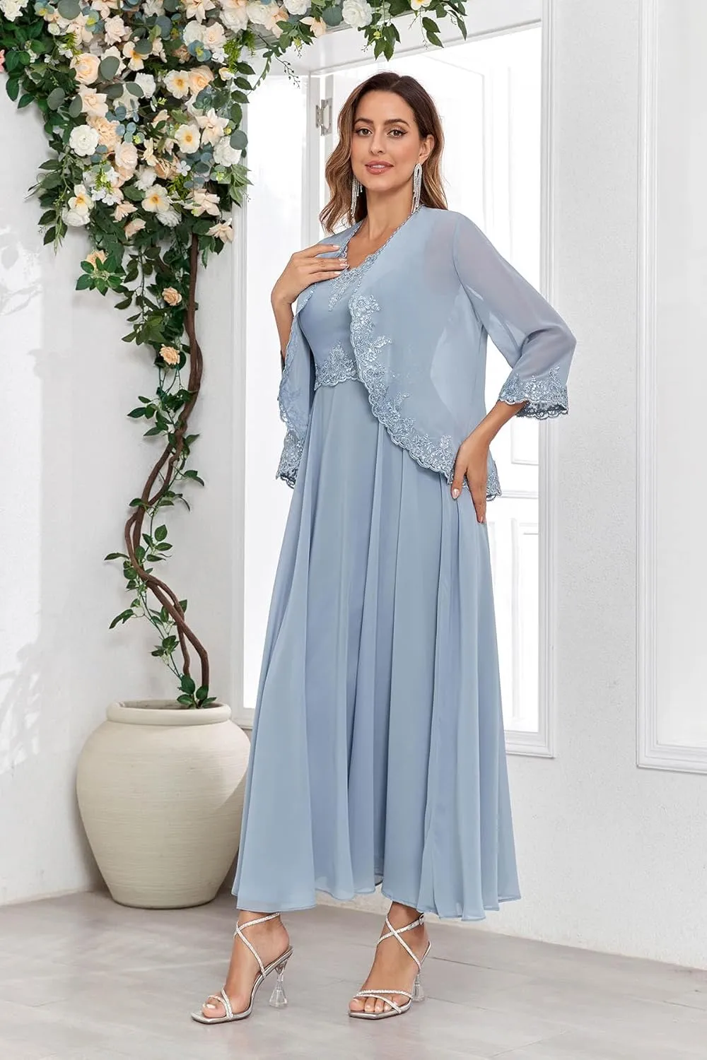 Women's 2 Pieces Lace Mother of The Bride Dresses with Jacket Chiffon Sequin Formal Evening Wedding Guest Dress