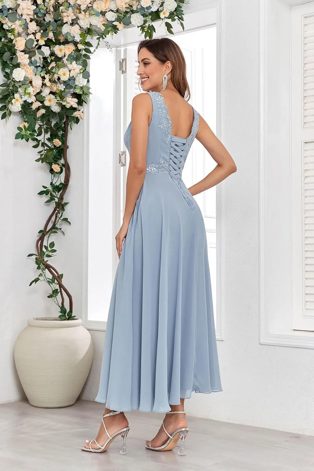 Women's 2 Pieces Lace Mother of The Bride Dresses with Jacket Chiffon Sequin Formal Evening Wedding Guest Dress