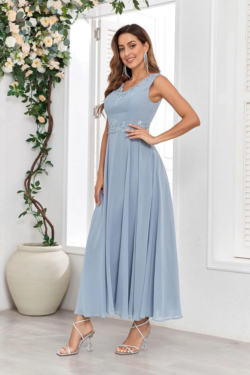 Women's 2 Pieces Lace Mother of The Bride Dresses with Jacket Chiffon Sequin Formal Evening Wedding Guest Dress