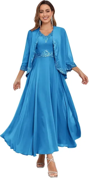 Women's 2 Pieces Lace Mother of The Bride Dresses with Jacket Chiffon Sequin Formal Evening Wedding Guest Dress