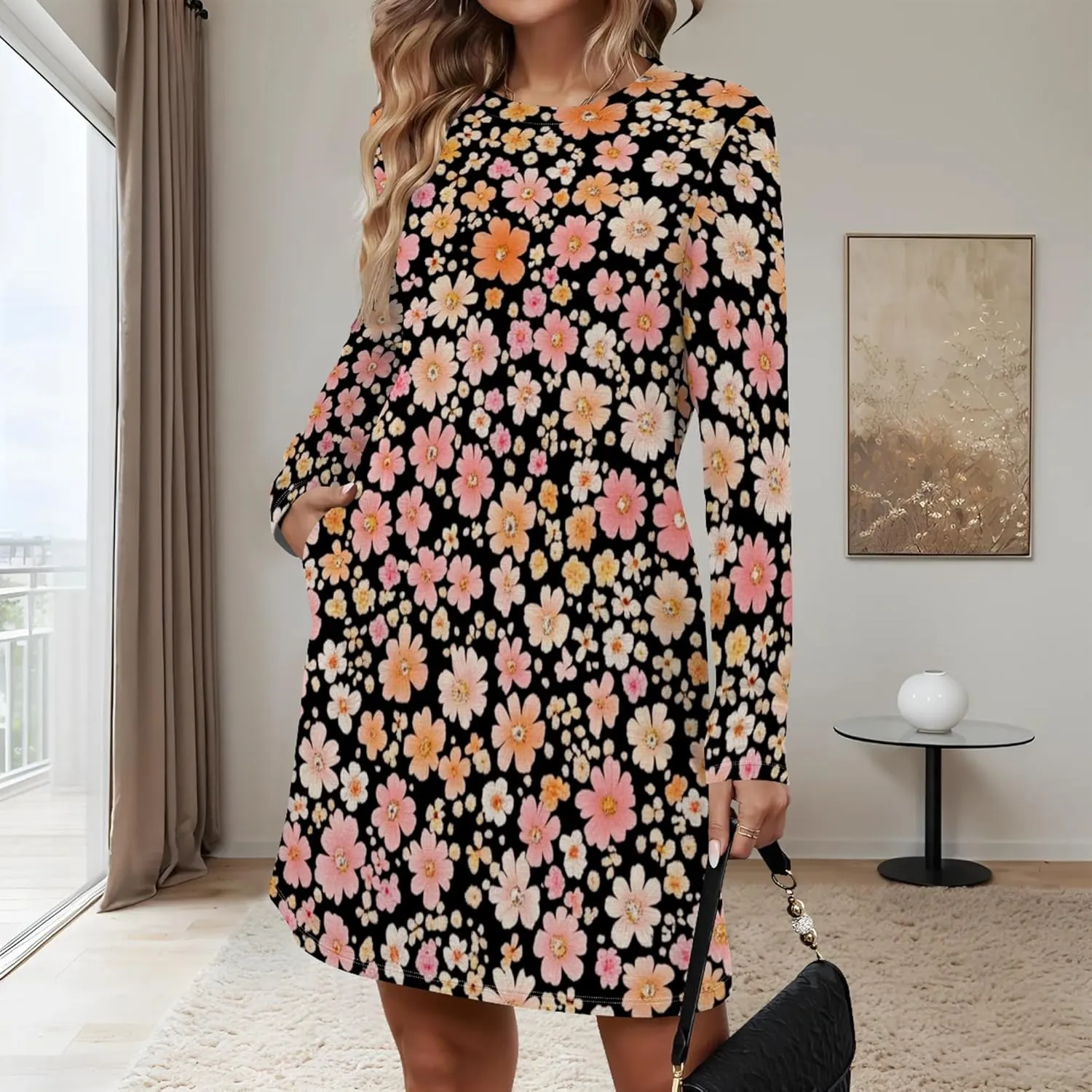 Womens 2024 Fall Long Sleeve Pullover Tops Crewneck Sweatshirt Dress Casual Floral Printed Midi Dresses with Pockets