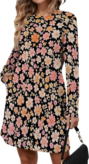 Womens 2024 Fall Long Sleeve Pullover Tops Crewneck Sweatshirt Dress Casual Floral Printed Midi Dresses with Pockets