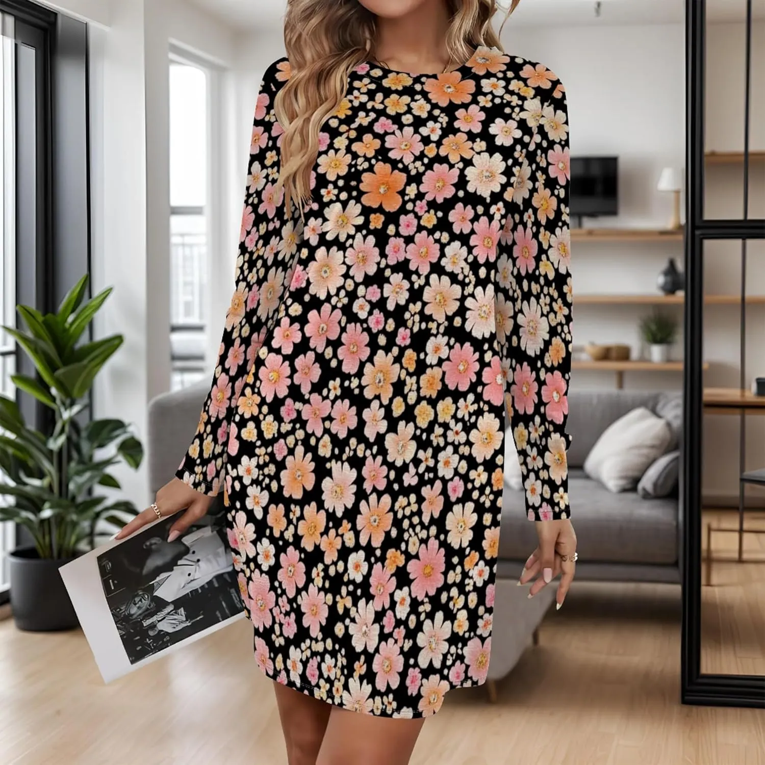 Womens 2024 Fall Long Sleeve Pullover Tops Crewneck Sweatshirt Dress Casual Floral Printed Midi Dresses with Pockets