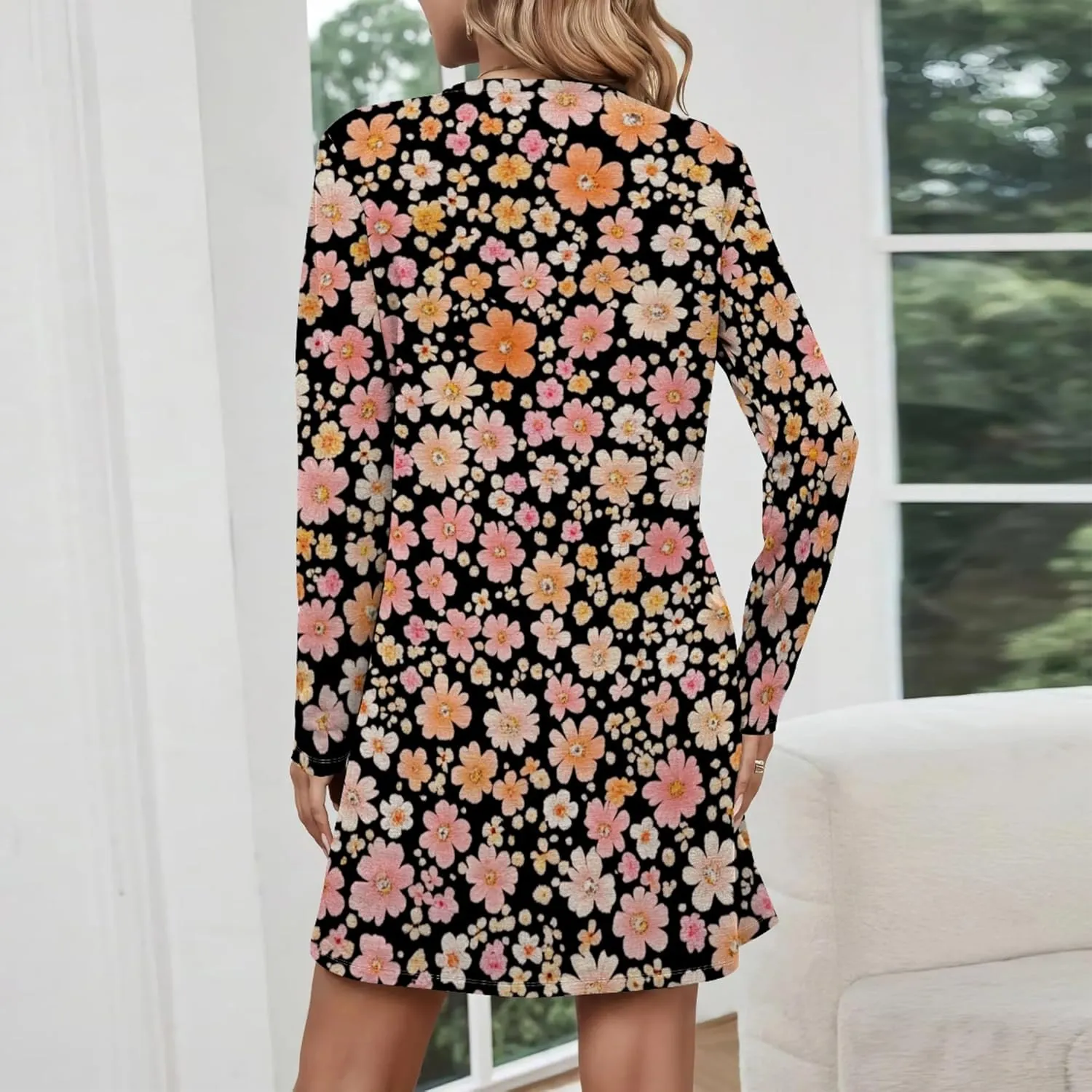 Womens 2024 Fall Long Sleeve Pullover Tops Crewneck Sweatshirt Dress Casual Floral Printed Midi Dresses with Pockets