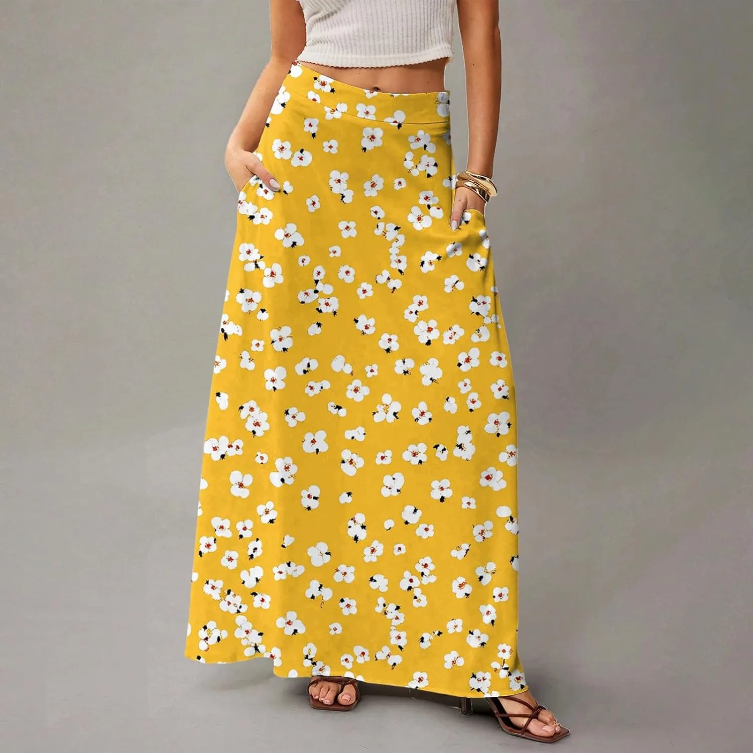 Women's 2025 Bohemian Long Skirts High Waist Flowy A Line Maxi Skirts with Pocket, S-2XL