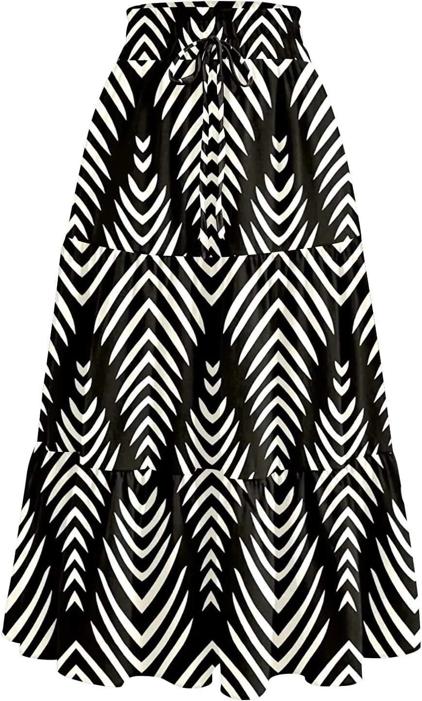 Women's 2025 Bohemian Summer Skirts High Waist Pleated A Line Flowy Midi Skirts with Pocket, S-2XL