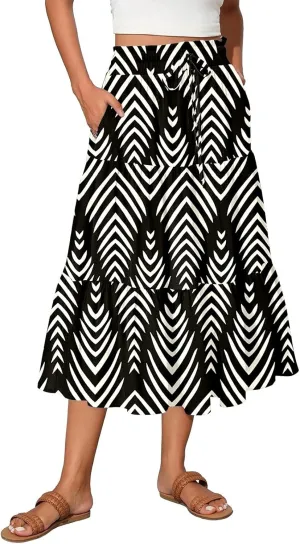 Women's 2025 Bohemian Summer Skirts High Waist Pleated A Line Flowy Midi Skirts with Pocket, S-2XL
