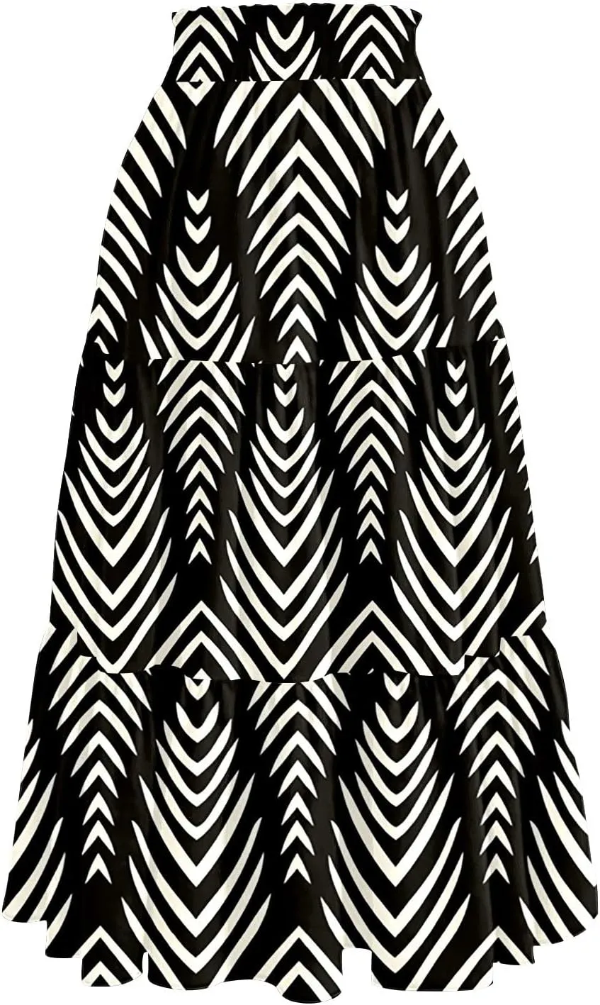 Women's 2025 Bohemian Summer Skirts High Waist Pleated A Line Flowy Midi Skirts with Pocket, S-2XL