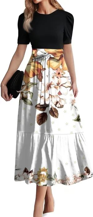 Women's 2025 Summer Boho Midi Dress Short Sleeve Flowy A Line Tiered Beach Vacation Long Dresses