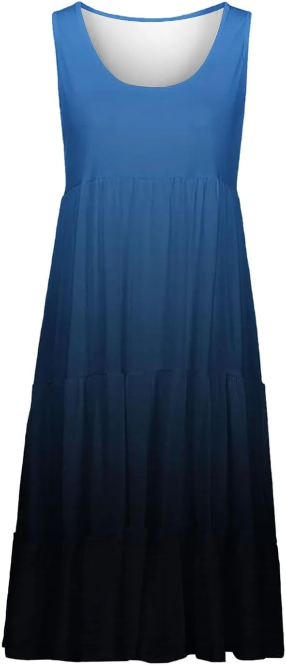 Womens 2025 Summer Casual Boho Dresses Sleeveless Color Block Ruffle Tiered Sundresses Cute Crew Neck Mini Dress