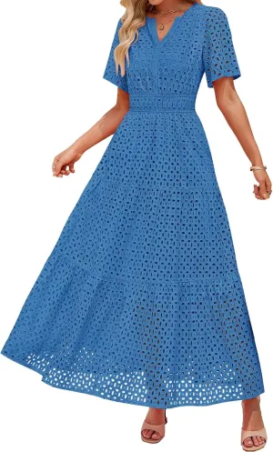 Womens 2025 Summer Maxi Dress Eyelet Boho Dressy Short Sleeve V Neck Hollow Out Swing Beach Vacation Long Dresses