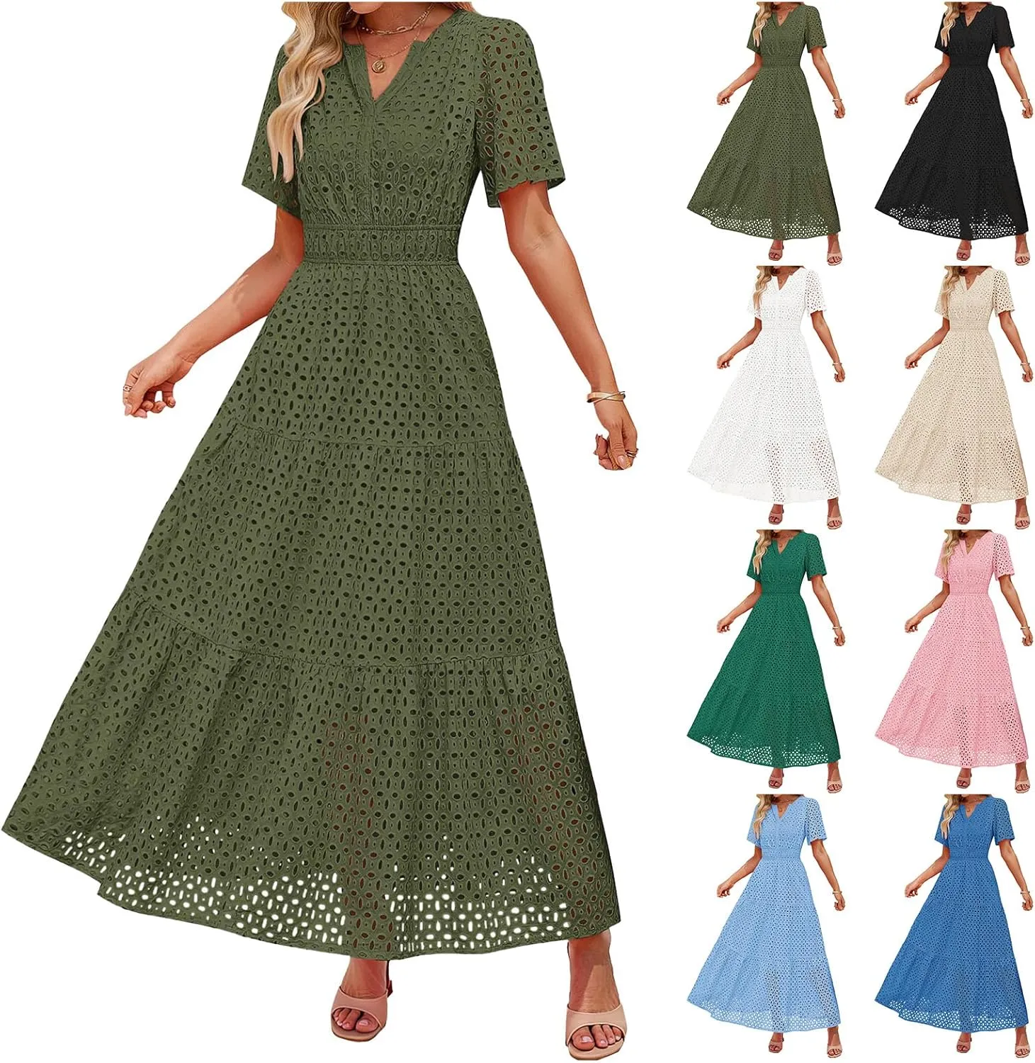 Womens 2025 Summer Maxi Dress Eyelet Boho Dressy Short Sleeve V Neck Hollow Out Swing Beach Vacation Long Dresses