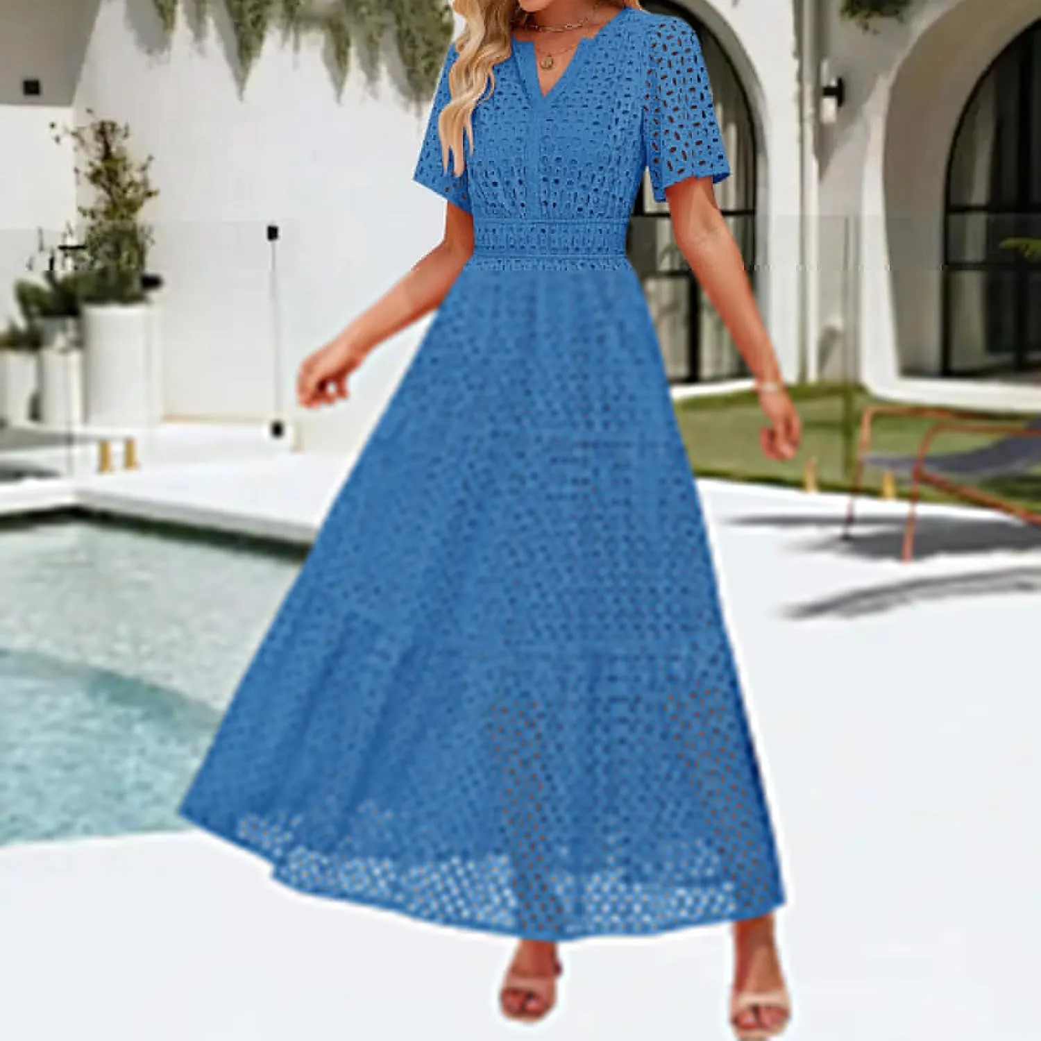 Womens 2025 Summer Maxi Dress Eyelet Boho Dressy Short Sleeve V Neck Hollow Out Swing Beach Vacation Long Dresses