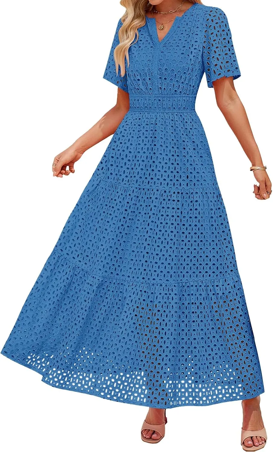 Womens 2025 Summer Maxi Dress Eyelet Boho Dressy Short Sleeve V Neck Hollow Out Swing Beach Vacation Long Dresses