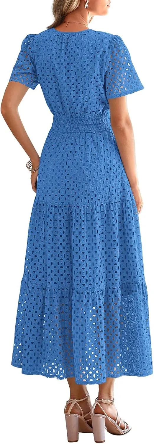 Womens 2025 Summer Maxi Dress Eyelet Boho Dressy Short Sleeve V Neck Hollow Out Swing Beach Vacation Long Dresses
