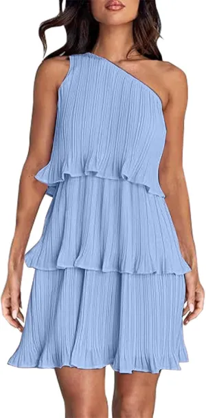 Women's 2025 Summer One Shoulder Dresses Ruffle Short Sleeve Ruffle Tiered Layered Swing A Line Long Sleeve Summer Dress