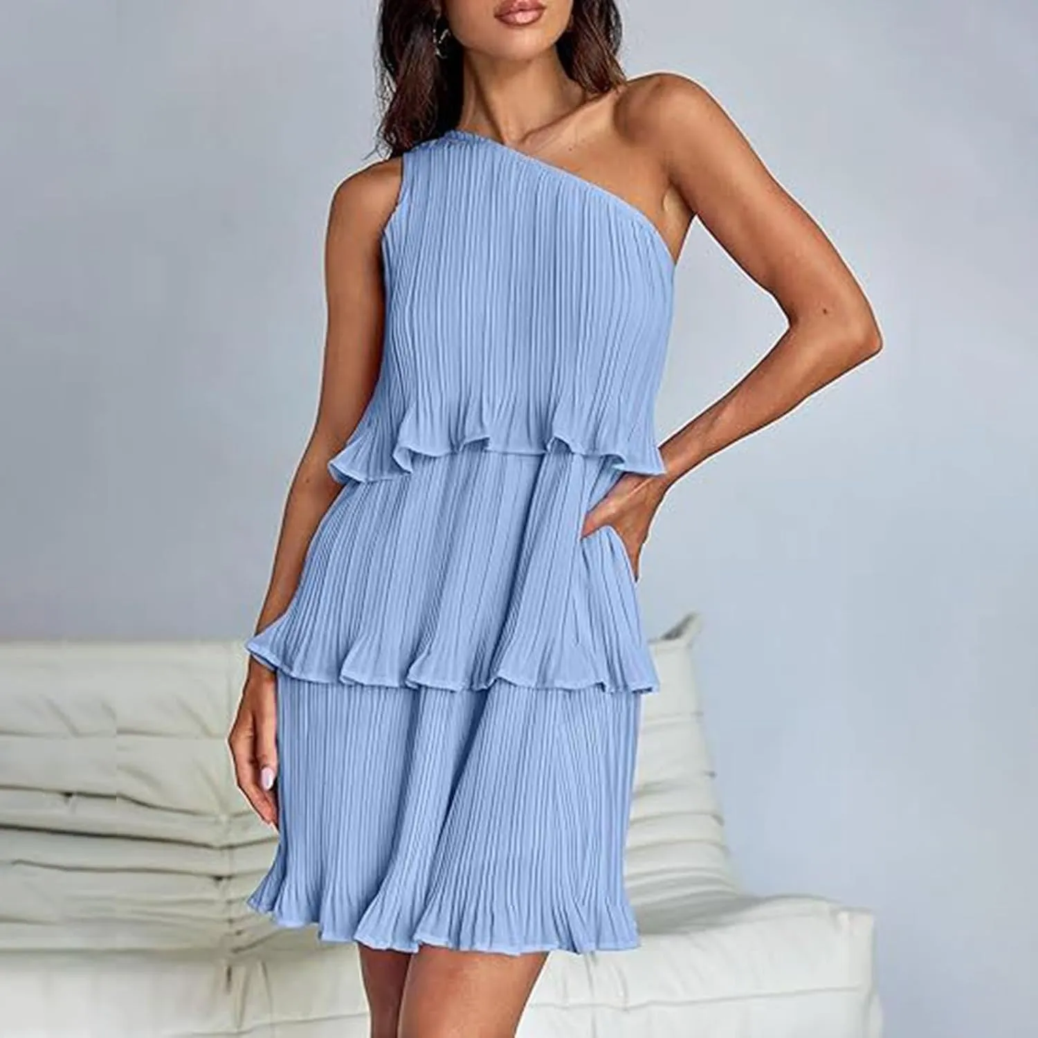 Women's 2025 Summer One Shoulder Dresses Ruffle Short Sleeve Ruffle Tiered Layered Swing A Line Long Sleeve Summer Dress