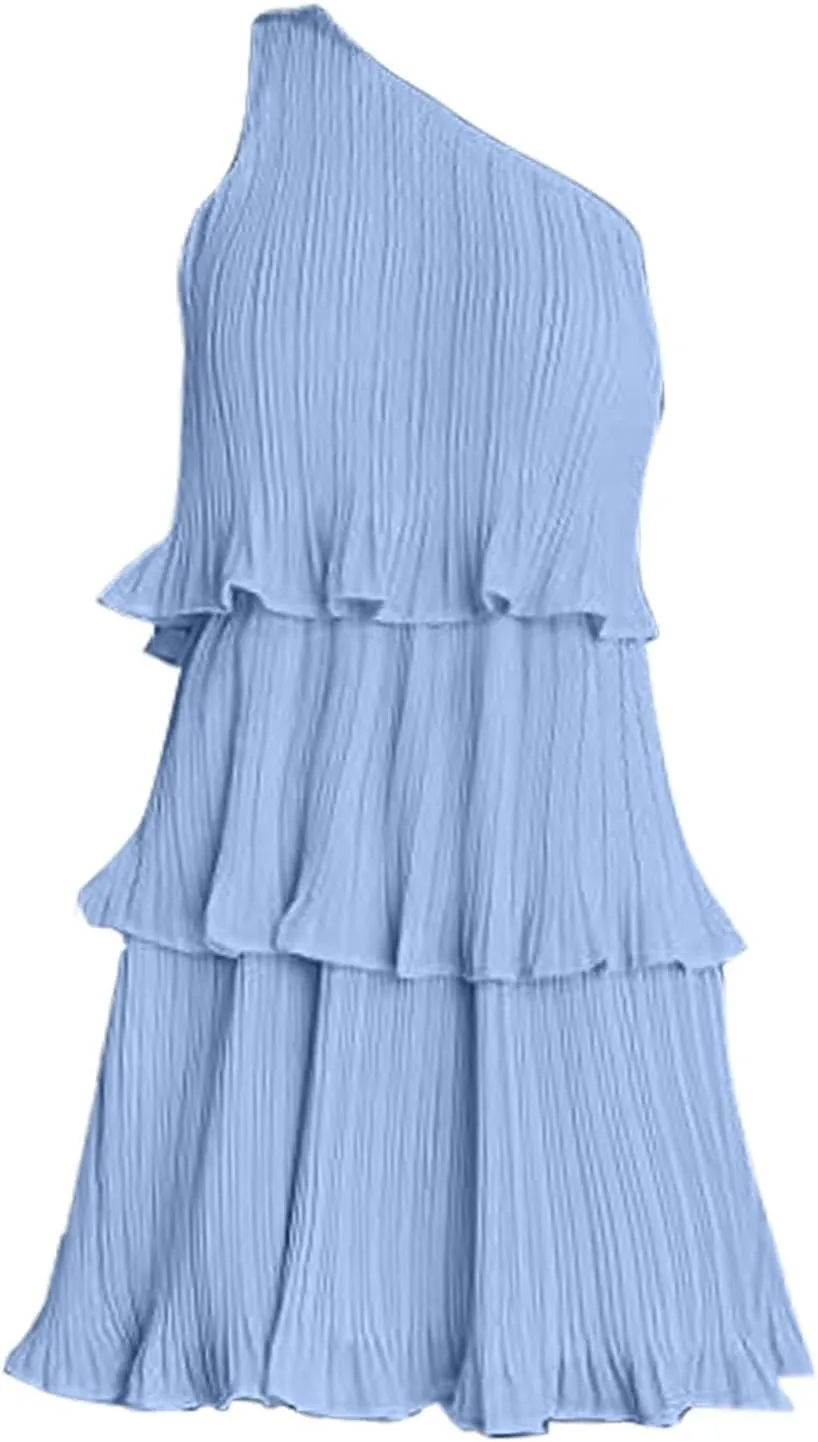 Women's 2025 Summer One Shoulder Dresses Ruffle Short Sleeve Ruffle Tiered Layered Swing A Line Long Sleeve Summer Dress