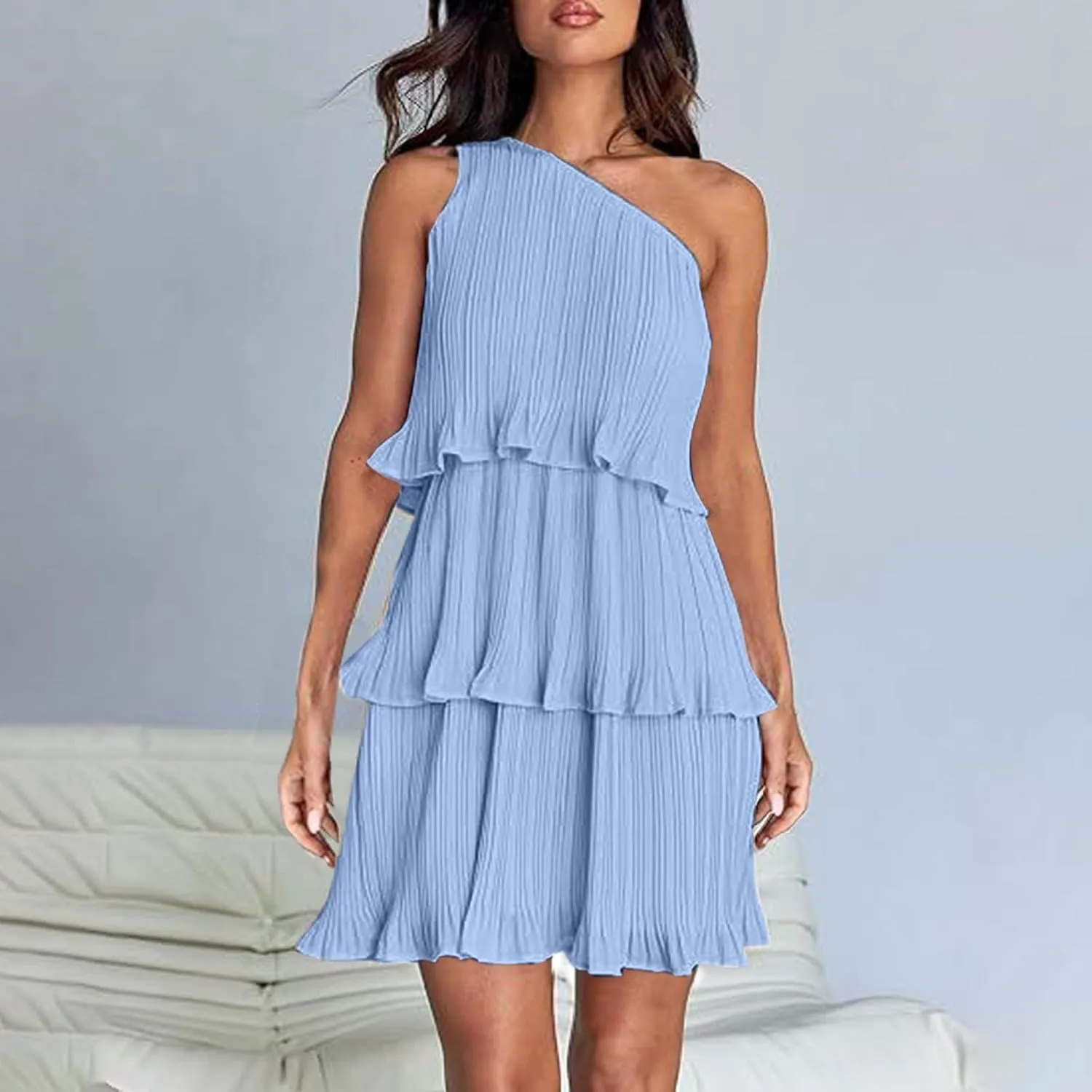 Women's 2025 Summer One Shoulder Dresses Ruffle Short Sleeve Ruffle Tiered Layered Swing A Line Long Sleeve Summer Dress
