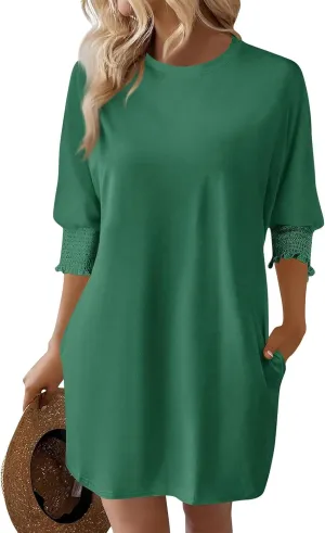 Women's 3/4 Sleeve A-line Flare Midi Long Dress Plus Size 2025 Fashion Swing Irregular Hem A Line Flowy Pleated Dress