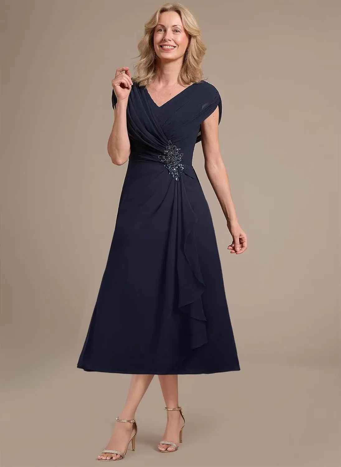 Women's A Line Chiffon Mother of The Bride Dresses Pleated Cap Sleeves Formal Evening Dress 2025 DE259