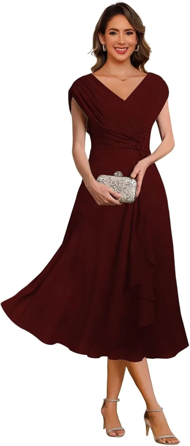 Women's A Line Chiffon Mother of The Bride Dresses Pleated Cap Sleeves Formal Evening Dress 2025 DE259