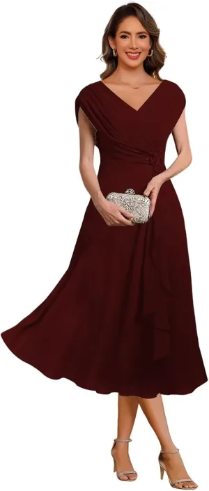 Women's A Line Chiffon Mother of The Bride Dresses Pleated Cap Sleeves Formal Evening Dress 2025 DE259