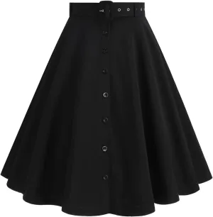 Womens A Line Flared Midi Skirt Vintage Stretch High Waisted Long Skirt Button Down Swing Skirt with Pockets and Belts
