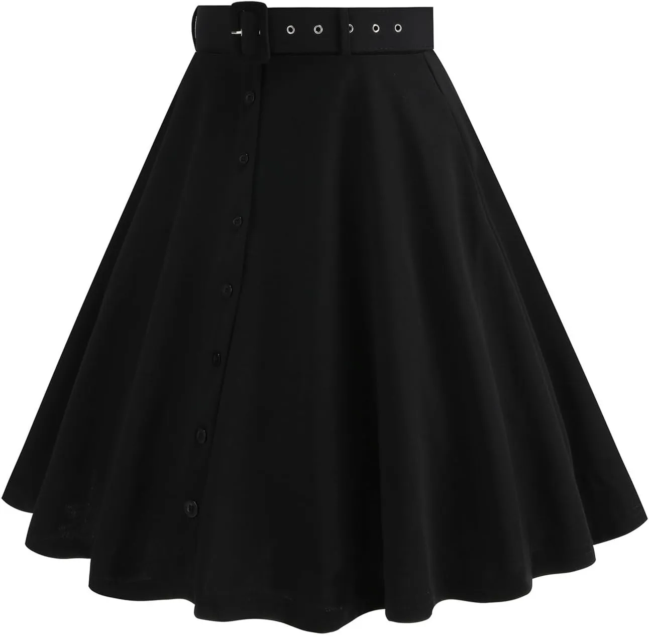 Womens A Line Flared Midi Skirt Vintage Stretch High Waisted Long Skirt Button Down Swing Skirt with Pockets and Belts