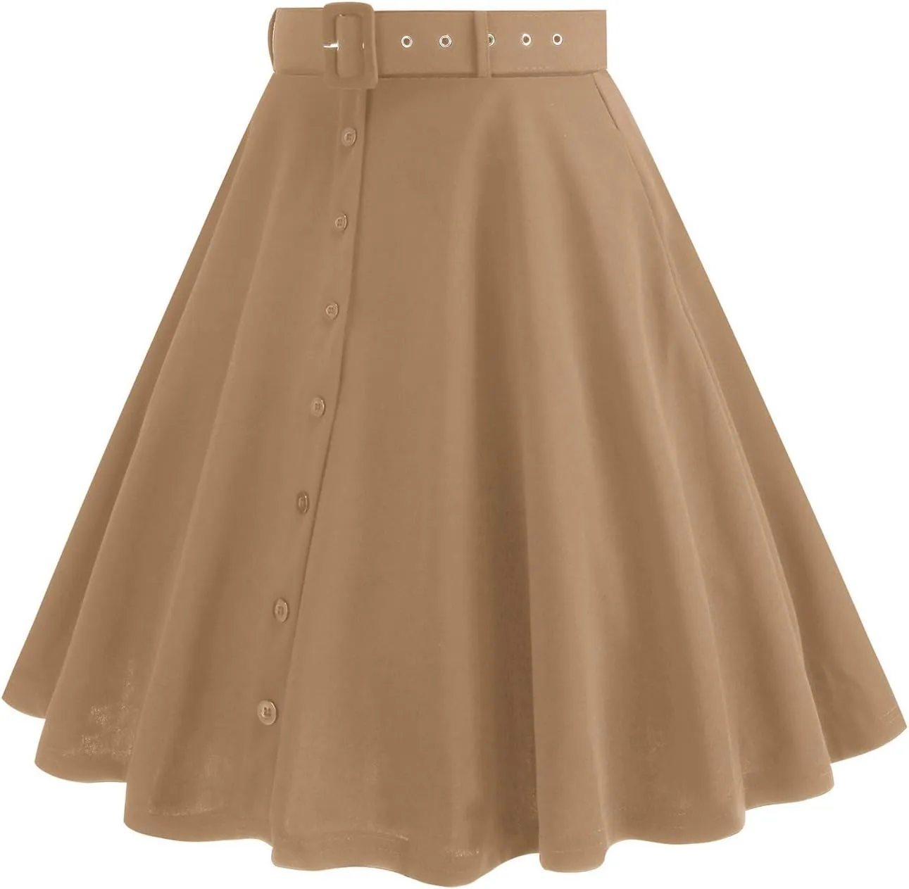 Womens A Line Flared Midi Skirt Vintage Stretch High Waisted Long Skirt Button Down Swing Skirt with Pockets and Belts