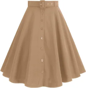 Womens A Line Flared Midi Skirt Vintage Stretch High Waisted Long Skirt Button Down Swing Skirt with Pockets and Belts