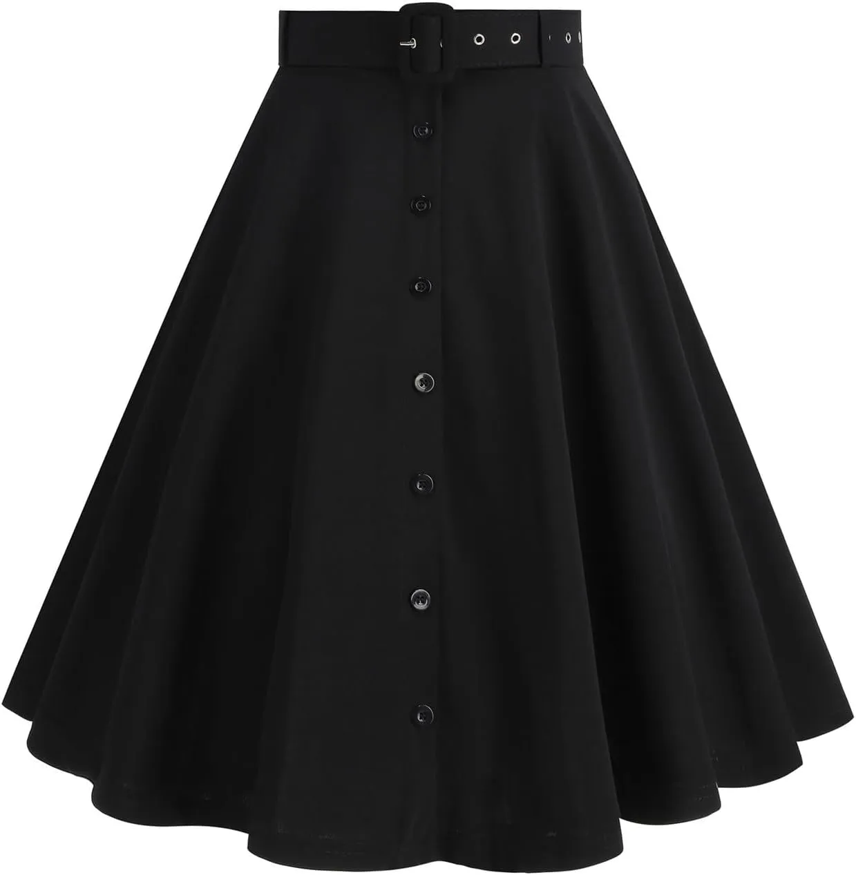 Womens A Line Flared Midi Skirt Vintage Stretch High Waisted Long Skirt Button Down Swing Skirt with Pockets and Belts