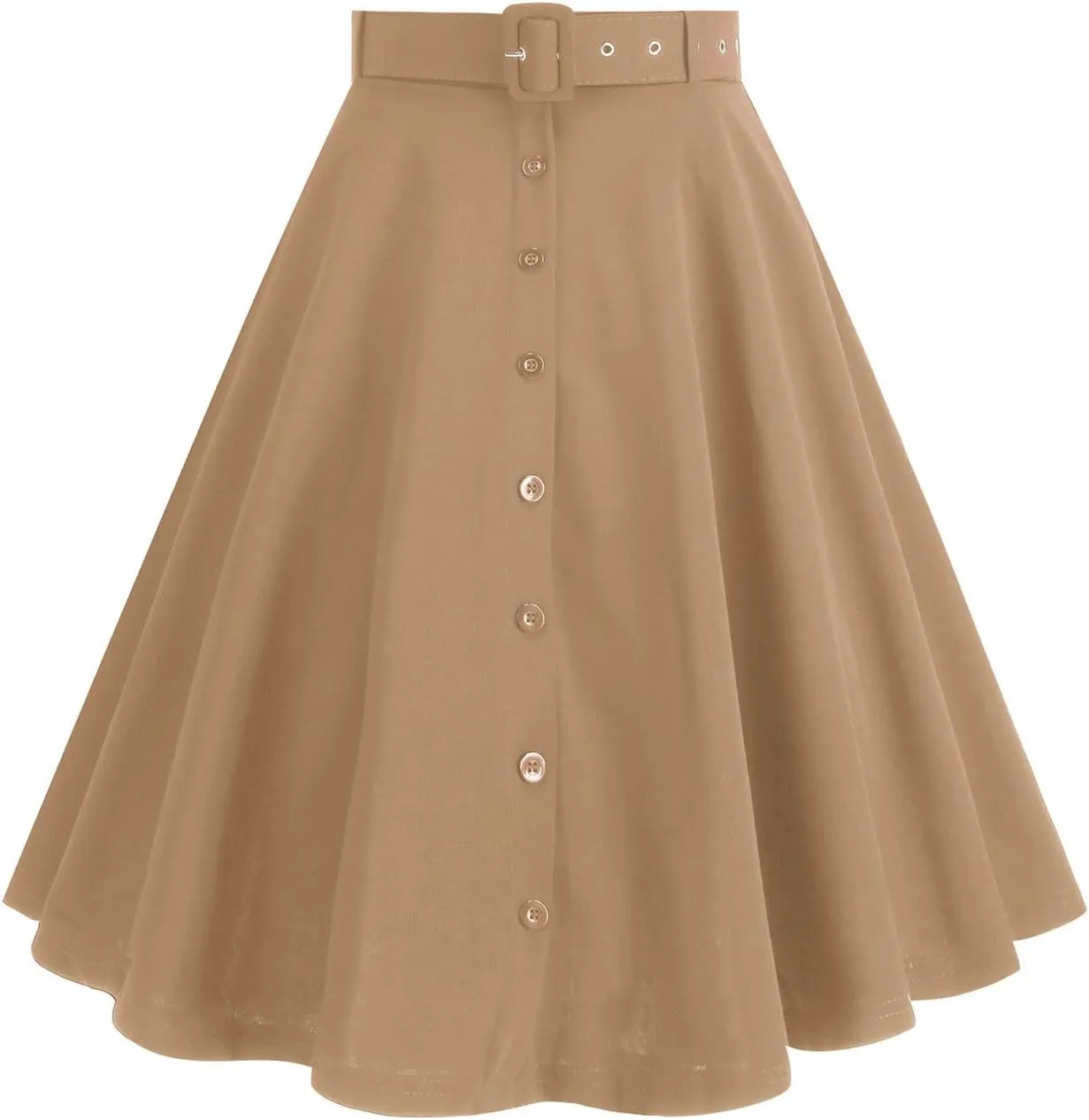 Womens A Line Flared Midi Skirt Vintage Stretch High Waisted Long Skirt Button Down Swing Skirt with Pockets and Belts