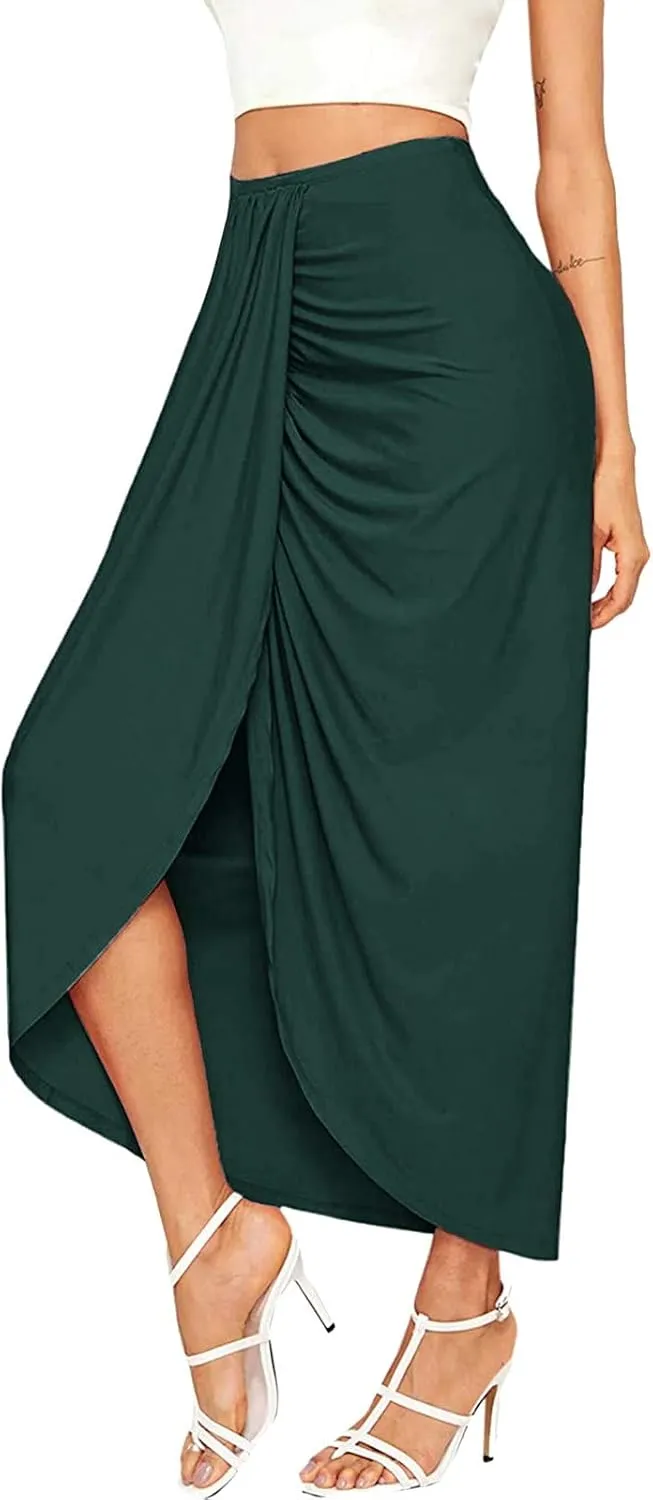 Womens A Line Midi Skirt Wrap Women's Draped Skirt High Waist Slit Solid Elastic Asymmetrical Skirts for Women