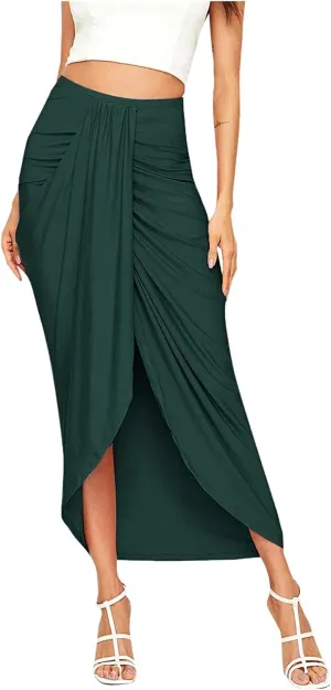 Womens A Line Midi Skirt Wrap Women's Draped Skirt High Waist Slit Solid Elastic Asymmetrical Skirts for Women